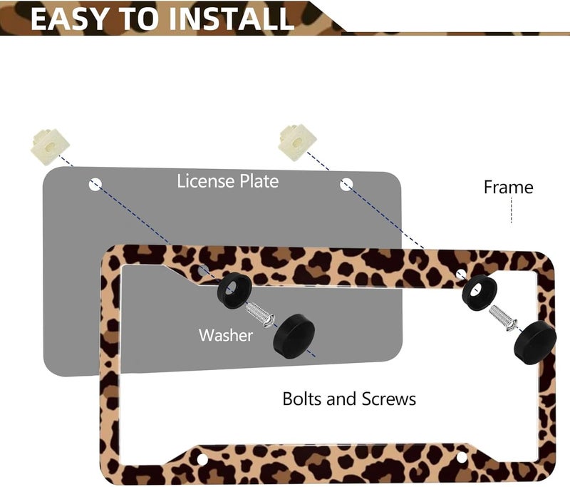 LIN KANG Leopard Print License Plate Frame - 2 Pack Animal Brown Leopard Cheetah Print Tags Frames Holder Covers, Car Decorative Tag Frames for Standard US Canada License Plate Holder 4 Holes 12x6 Inch - Image 3